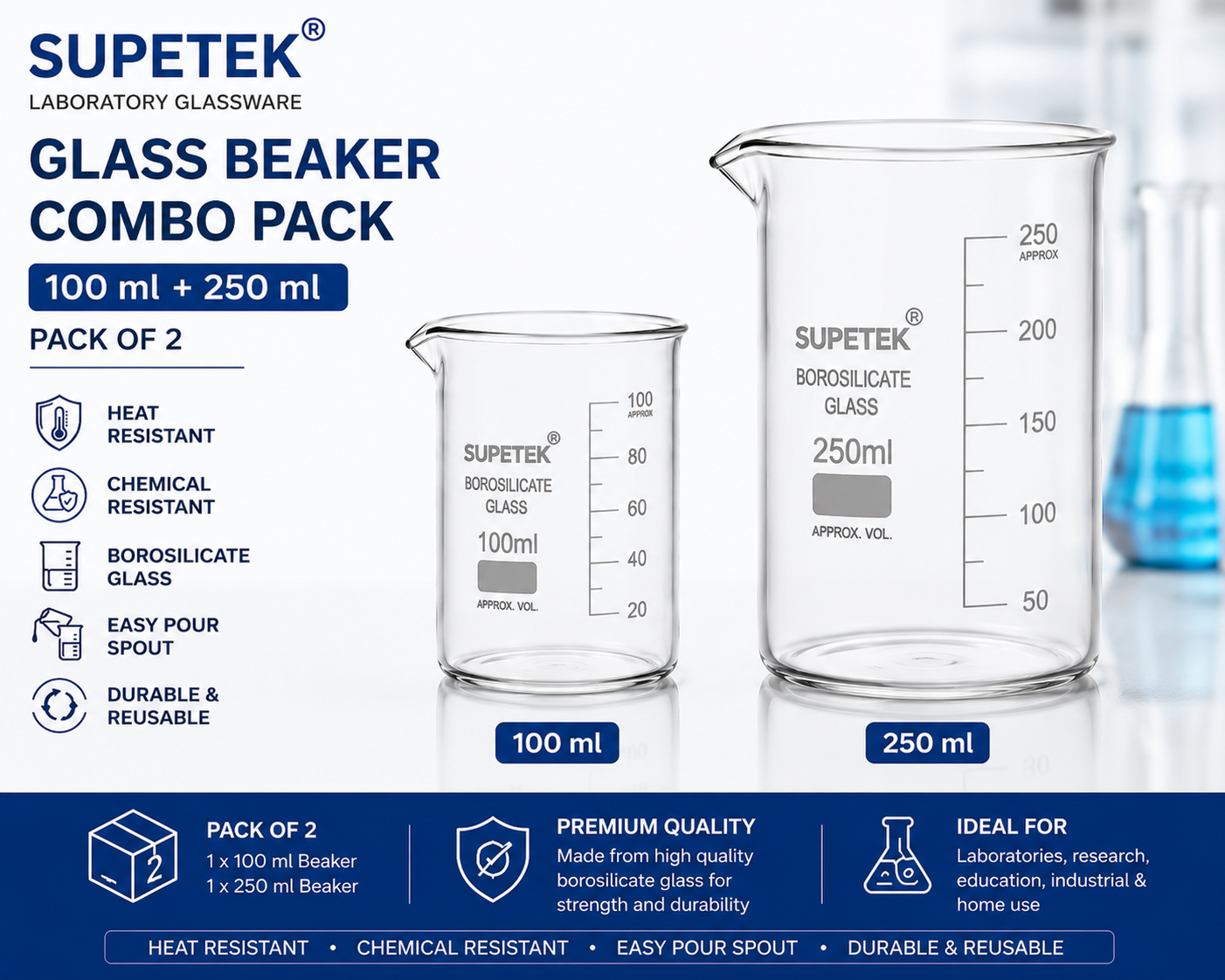 Supertek Glass Beaker Combo Pack – 100 ml + 250 ml | Borosilicate Laboratory Beakers (Pack of 2)