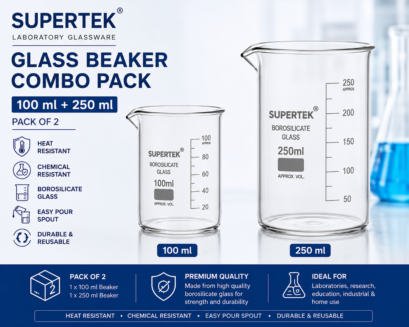Supertek Glass Beaker Combo Pack – 100 ml + 250 ml | Borosilicate Laboratory Beakers (Pack of 2) - Image 2