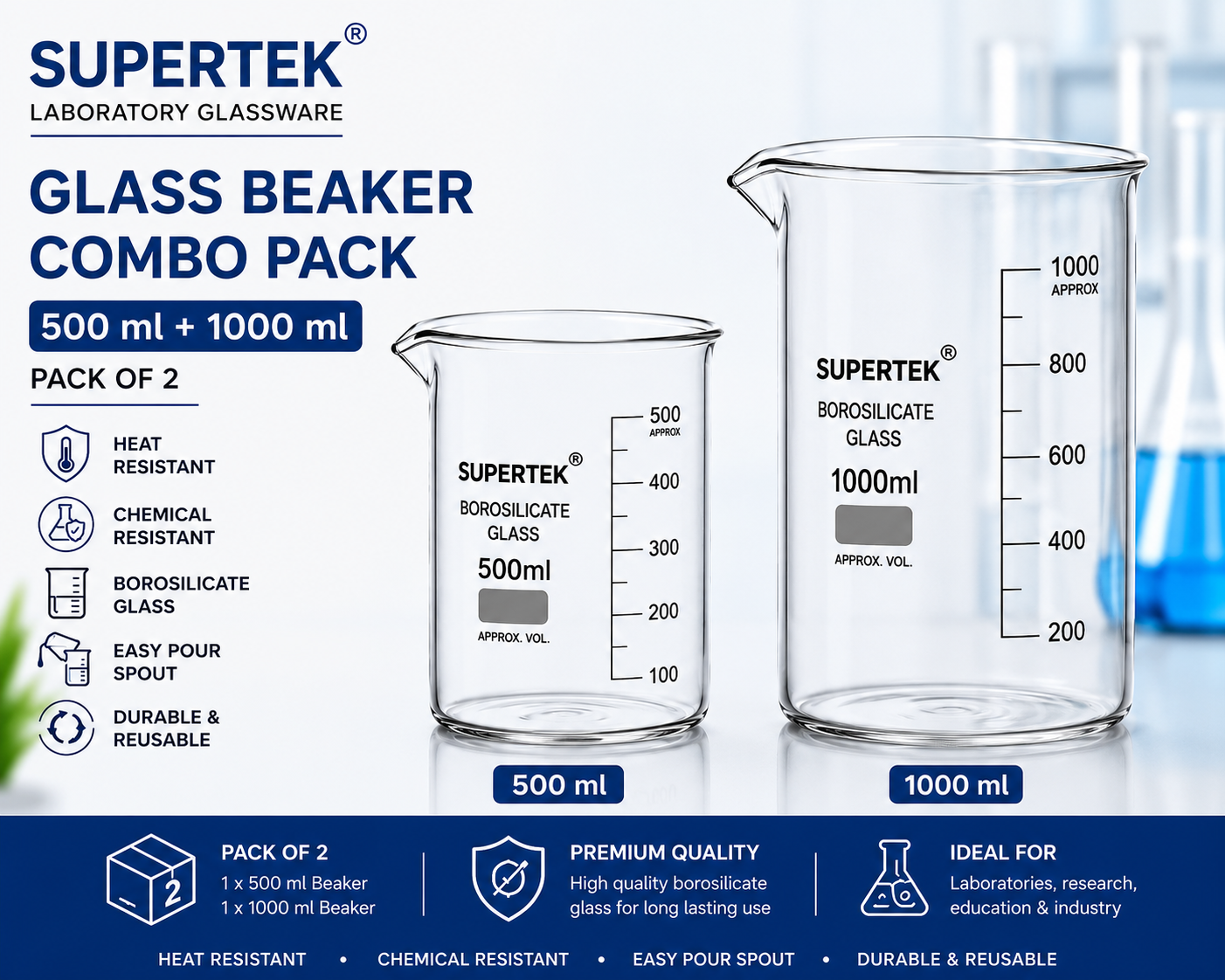 Supertek Glass Beaker Combo Pack – 500 ml + 1000 ml Borosilicate Laboratory Beakers (Pack of 2)