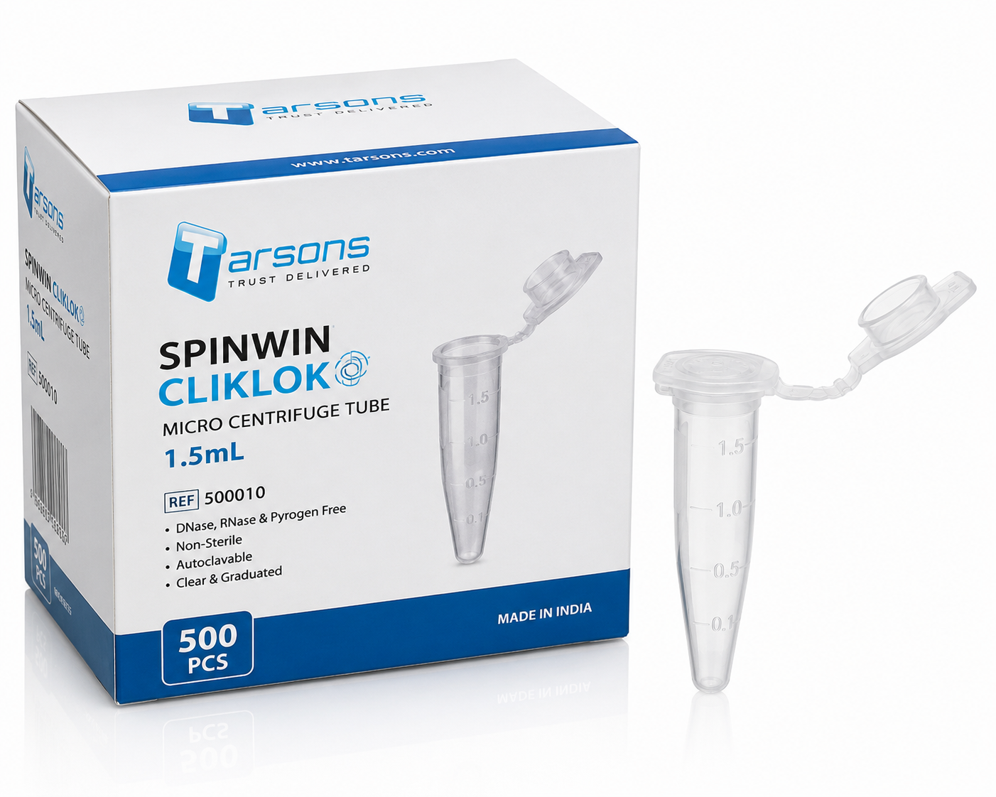 Tarsons Spinwin Cliklok Micro Centrifuge Tubes 1.5 mL – 500 Pcs