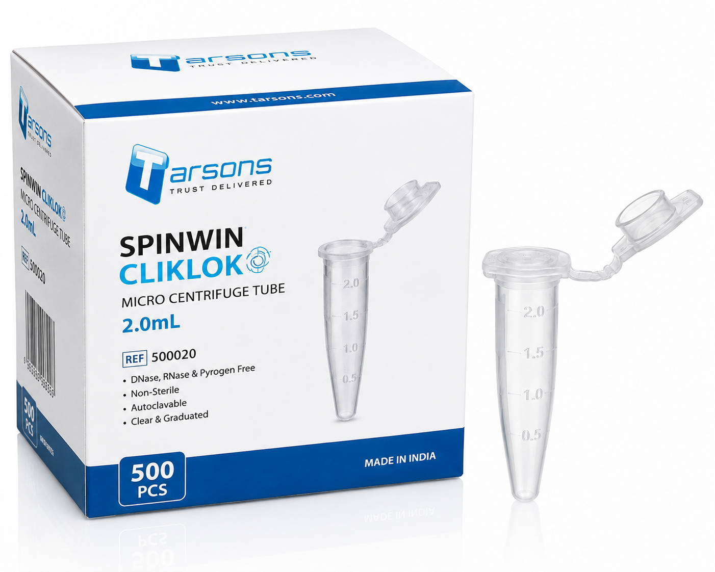 Tarsons Spinwin Cliklok Micro Centrifuge Tube 2.0 mL – 500 Pcs