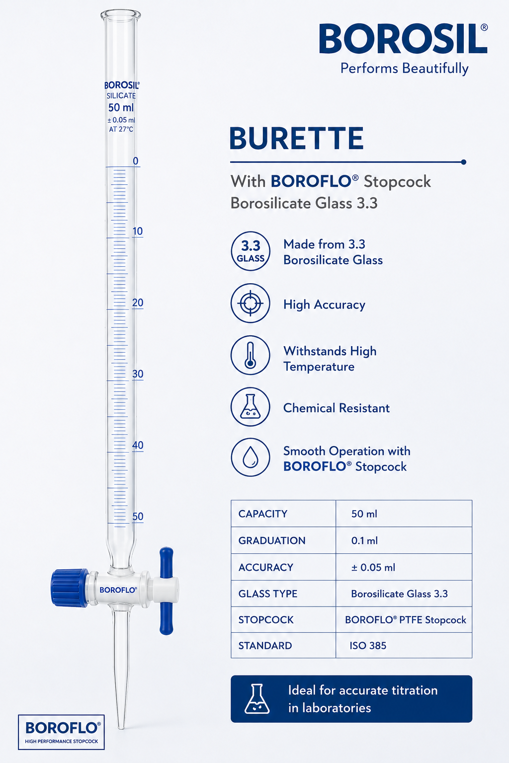 Borosil Glass Burette, Class B,2122